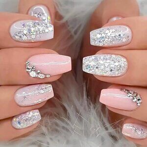 24 Glitter Fake Nails Press On Kit Glossy Rhinestones Sexy Glam Pink Silver Gems